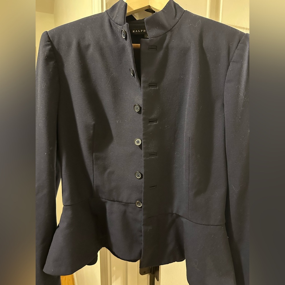 Ralph Lauren Elegant Navy Peplum Wool Jacket with stretch